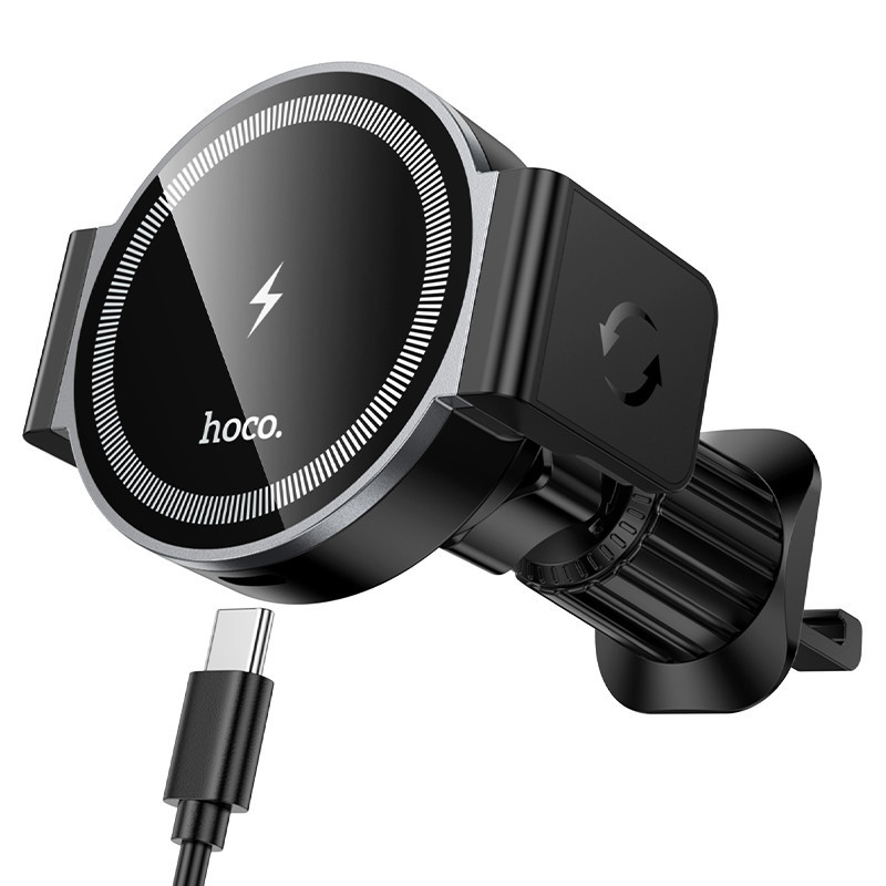 Автотримач для телефона з БЗП HOCO HW35 Power electric magnetic wireless fast charging car holder(air outlet) Black Ковель - фото 1