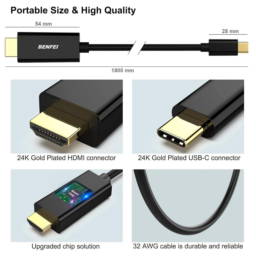 Кабель USB Type-C (Thunderbolt 3) to HDMI 4K 30Hz 1.8 м Benfei алюмінієвий штекер Київ - фото 4