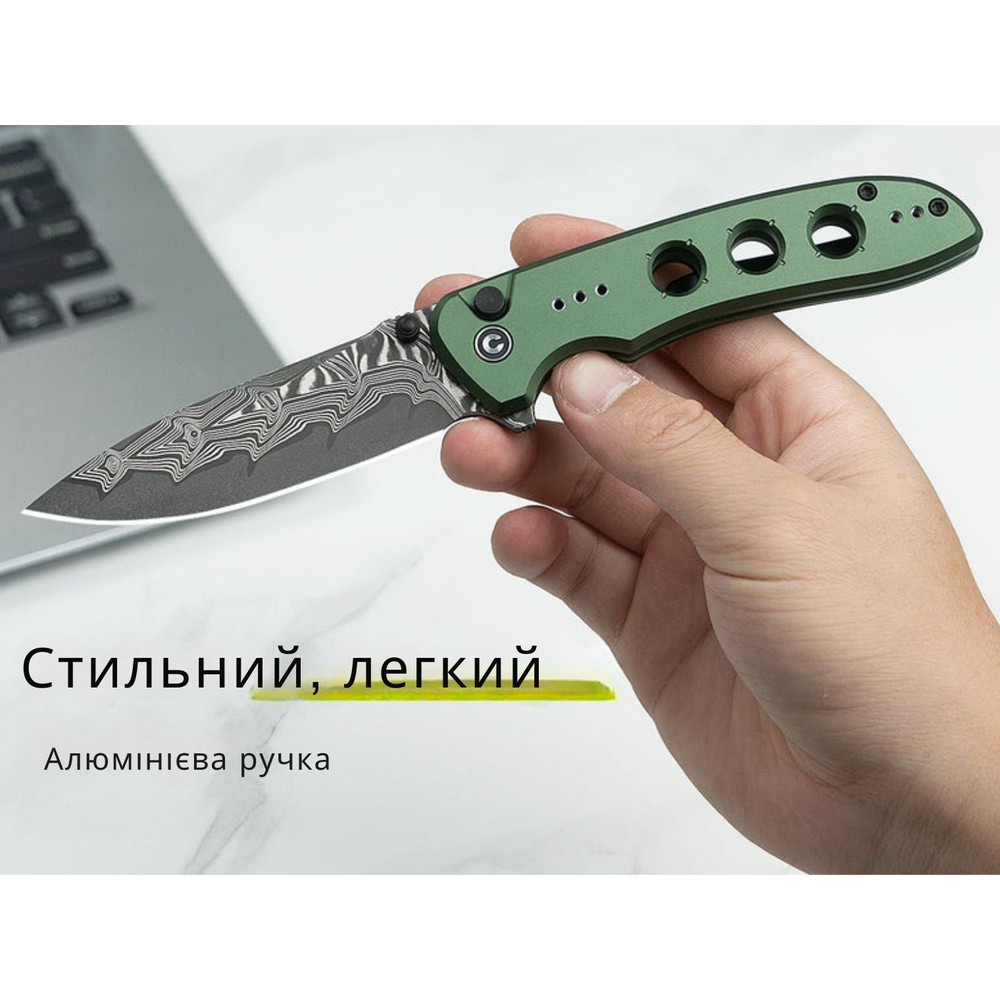 Ніж складаний туристичний Civivi Hyperpulse, (8.9 см) Damascus / Aluminum темно-зелений Киев - изображение 14