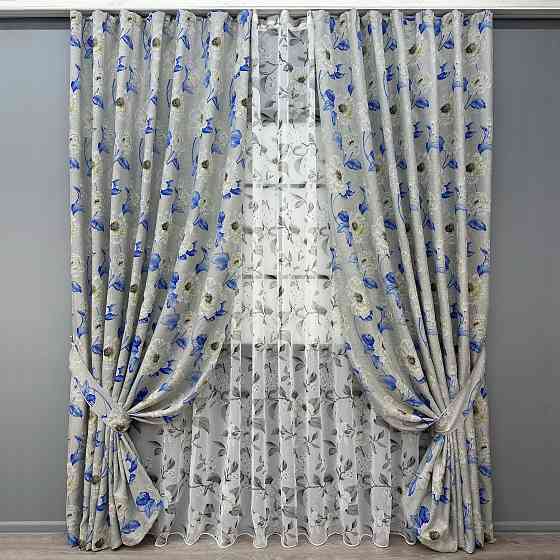 Комплект штор VR-Textil Лен Прованс 150х270 2шт и Тюль 600х270 2078ш-1681т Светло-серый с синим и белым 71-207/5 Киев