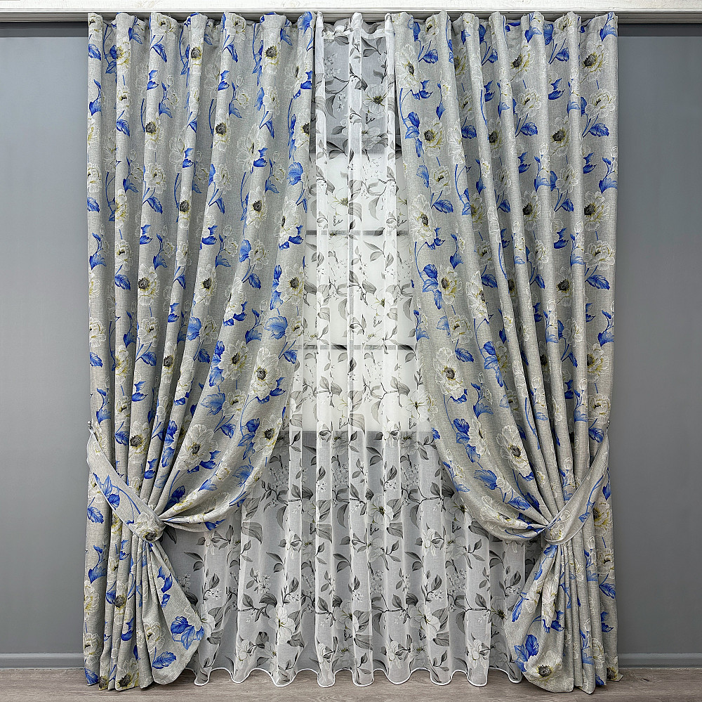 Комплект штор VR-Textil Лен Прованс 150х270 2шт и Тюль 600х270 2078ш-1681т Светло-серый с синим и белым 71-207/5 Киев - изображение 1