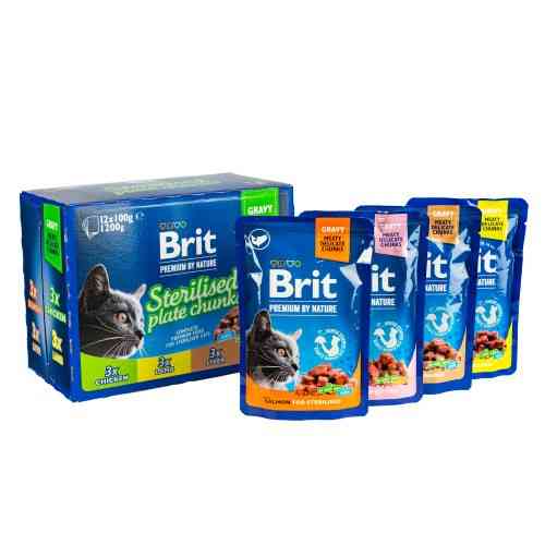 Вологий корм Brit Premium Cat Набір паучів сімейна тарілка для стерилізованих котів, асорті 4 смаки, 100 г х 12 шт Київ