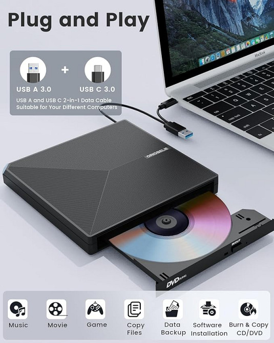 Зовнішній привід ORIGBELIE External DVD Drive (CD/DVD-RW) Луцк - изображение 2