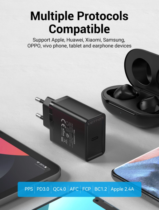 Зарядное устройство Vention USB-C 20W, черное Киев - изображение 1