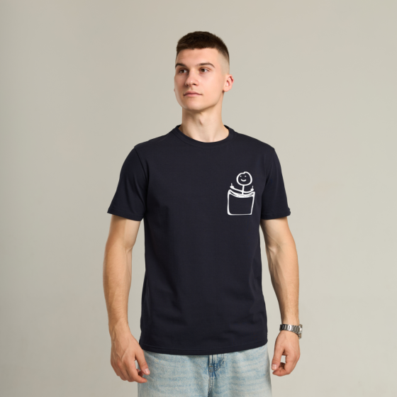 Футболка мужская однотонная темно-синяя Pobedov Peremoga - наклейка Человечек с факами Киев