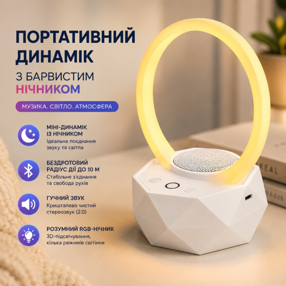 Портативная Bluetooth-колонка 2.0 Wendeekun LY-Y1 с умным RGB-ночником и 3D-подсветкой, белая Киев
