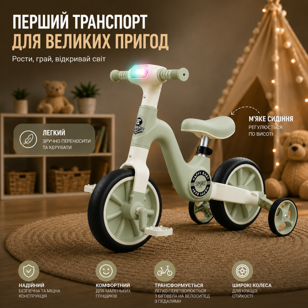 Детский беговел-трансформер 3-в-1 Happy Baby: легкий велобег со светом, музыкой и колесами для тренировок, Бело-черный Киев - изображение 8