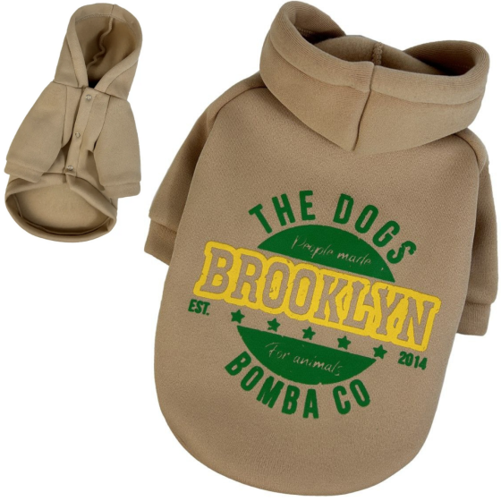 Толстовка для собак малих і середніх порід на флісі з принтом Brooklyn з капюшоном на кнопках бежева Одеса