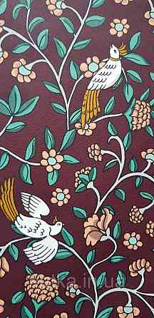 Шпалери вінілові на флізеліні Rasch Clasik 0,53х10 райські пташки квіти листя гілки яскраві білі на бордовому Київ