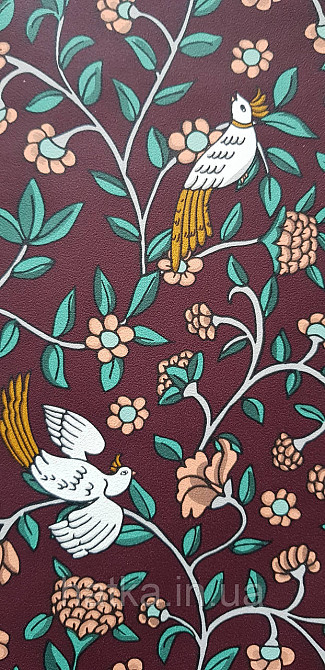Шпалери вінілові на флізеліні Rasch Clasik 0,53х10 райські пташки квіти листя гілки яскраві білі на бордовому Київ - фото 3