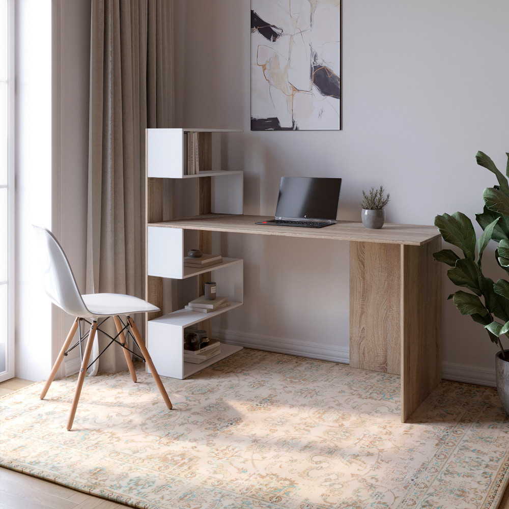 Cтол компьютерный с полками М-ЗОН Джеко 1416L левый Сонома/Нимфея Альба (белый) (MZN-031026) Львов - изображение 1