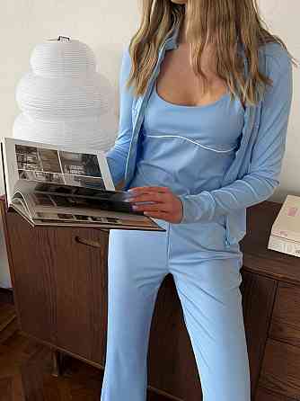 Жіночий повсякденний костюм-трійка: кофта топ і штани з мікродайвінгу Блакитний, 48/50 Одеса