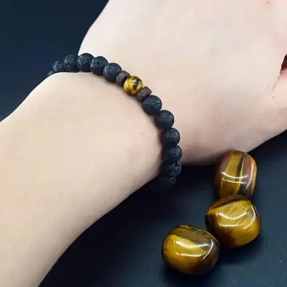 Браслет из лавы и тигрового глаза 8 мм — 19 см (унисекс) Киев
