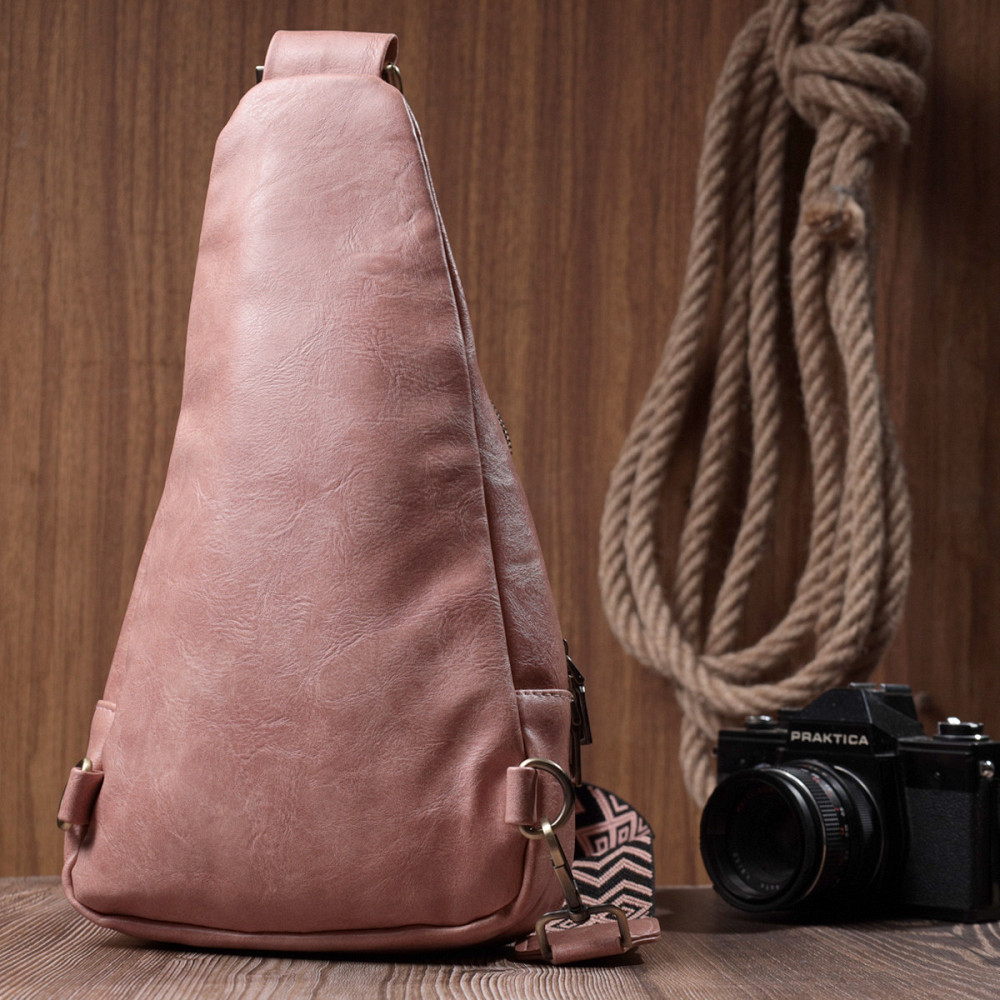 Жіноча сумка з акцентом на текстильну лямку з гладкої екошкіри Vintage 22772 Рожевий Київ - фото 10