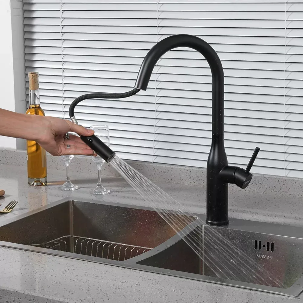 Змішувач з висувним виливом для кухні GAPPO G4398-46, 2 режими, чорний Київ - фото 2