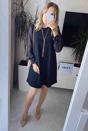 Жіноча святкова сукня прикрашена намистинками турецький креп-дайвінг + шифонові рукави Чорний, 42/46 Одеса