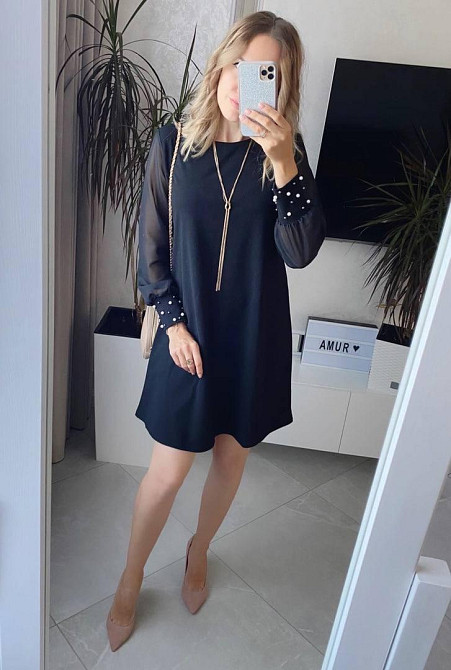 Женское праздничное платье украшенное бусинками турецкий креп-дайвинг + шифоновые рукава Черный, 42/46 Одесса - изображение 5