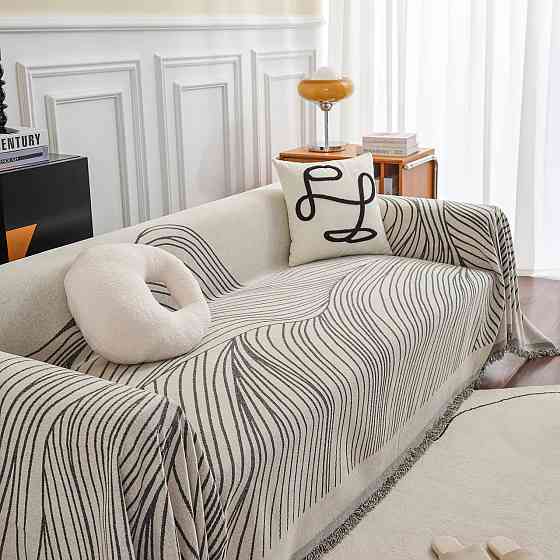 Плед покрывало на диван или кровать,чехол накидка 180х230 см для мягкой мебели, бежевий в серую полосу Каменец-Подольский