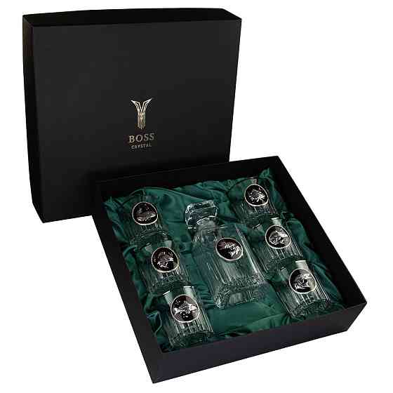 Набір для віскі “GOLDFISH” 6 келихів 360 мл, графін 750 мл, кришталь з платиною, зображення зі срібла з позолотою Рівне