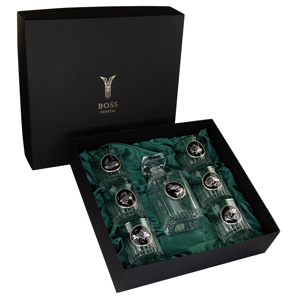 Набор для виски “GOLDFISH” 6 бокалов 360 мл, графин 750 мл, хрусталь с платиной, изображение из серебра с позолотой Ровно - изображение 1