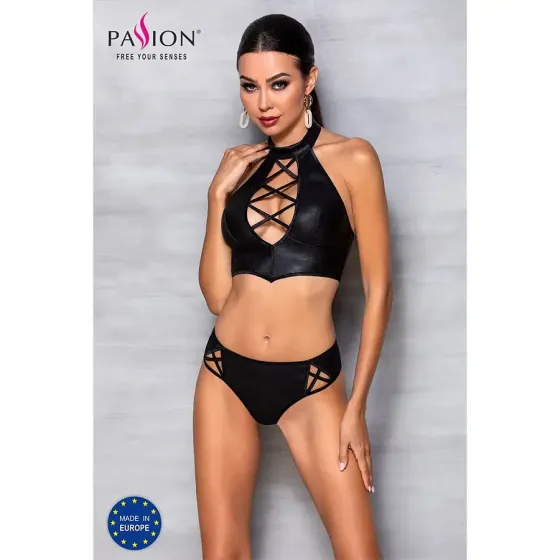 Комплект з еко-шкіри Passion NANACY BIKINI L/XL, black, бра та трусики з імітацією шнурівки Львів