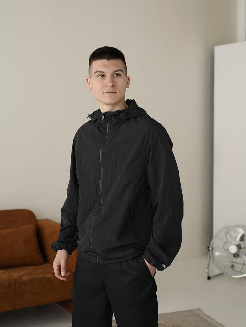Чоловіча вітровка легка куртка спортивна з капюшоном літо-весна Pobedov Neon чорна Одеса - фото 2