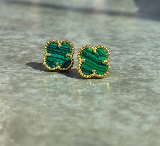 Van Cleef сережки та браслет / набор зелений під малахіт / лимонне золото / проба AU 750, гравіювання Одеса