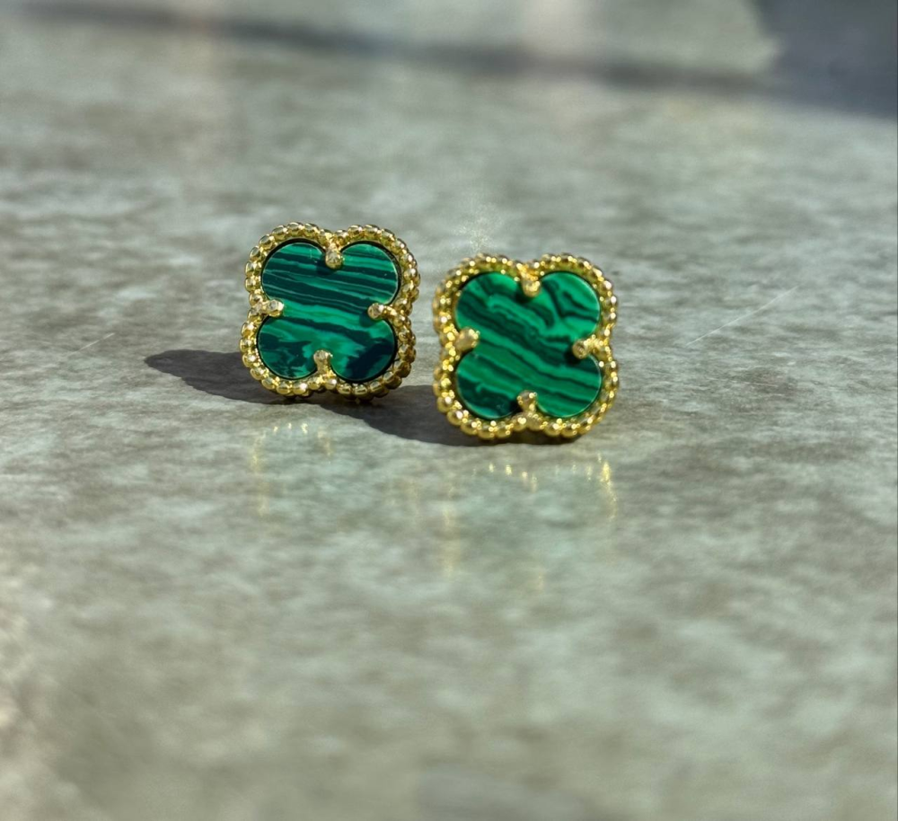 Van Cleef сережки та браслет / набор зелений під малахіт / лимонне золото / проба AU 750, гравіювання Одеса - фото 6