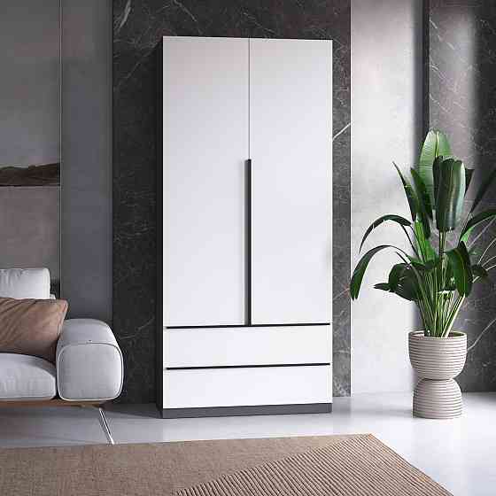 Шкаф для одежды VAYS, в спальню, с штангой и полками, 2 двери и 2 ящика c черными ручками М-30 Антрацит-Белый фасад Львов