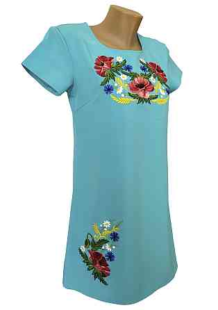 Синее насыщенное вышитое женское платье с неповторимой вышивкой цветами «Мак - василек» Киев