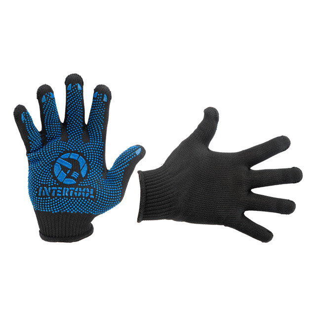 Рукавичка садова трикотажна з синіми ПВХ крапками, 100% поліестер, 10", клас в'язки 10, чорна, 55 г Львів - фото 1