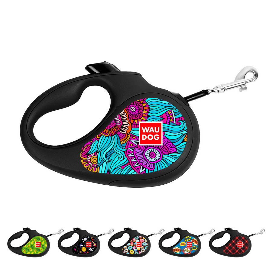 Повідець-рулетка для собак WAUDOG R-leash, малюнок "Літо", L, до 50 кг, 5 м, світловідбивна стрічка чорний Вінниця - фото 1