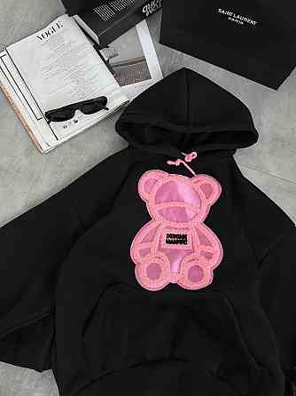 Жіноча тепла оверсайз худі з рожевим ведмедиком тринитка на флісі Одеса