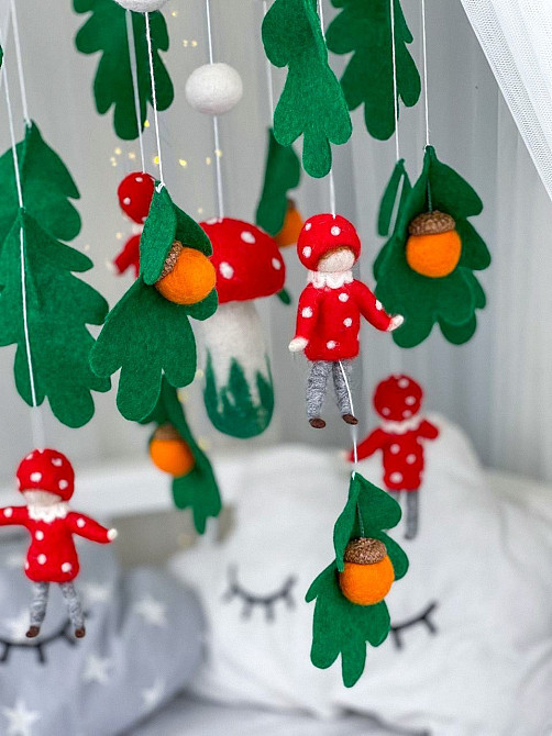 Дитячий мобіль на ліжечко для немовлят WooolyWool «Мухоморчики» Київ - фото 6