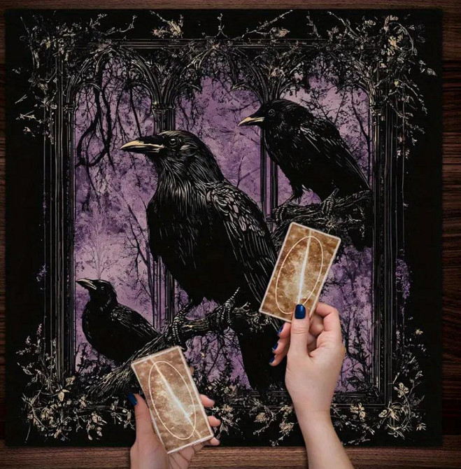 Вівтарна скатертина 49×49 см з воронами на фіолетовому тлі — готичний декор для Таро, рун і ритуалів Київ - фото 2