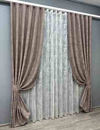 Комплект штор VR-Textil Жакард Мармур 100х270 2шт і Тюль 400х270 1669ш-1400т Какао з білим 71-008/2 Київ