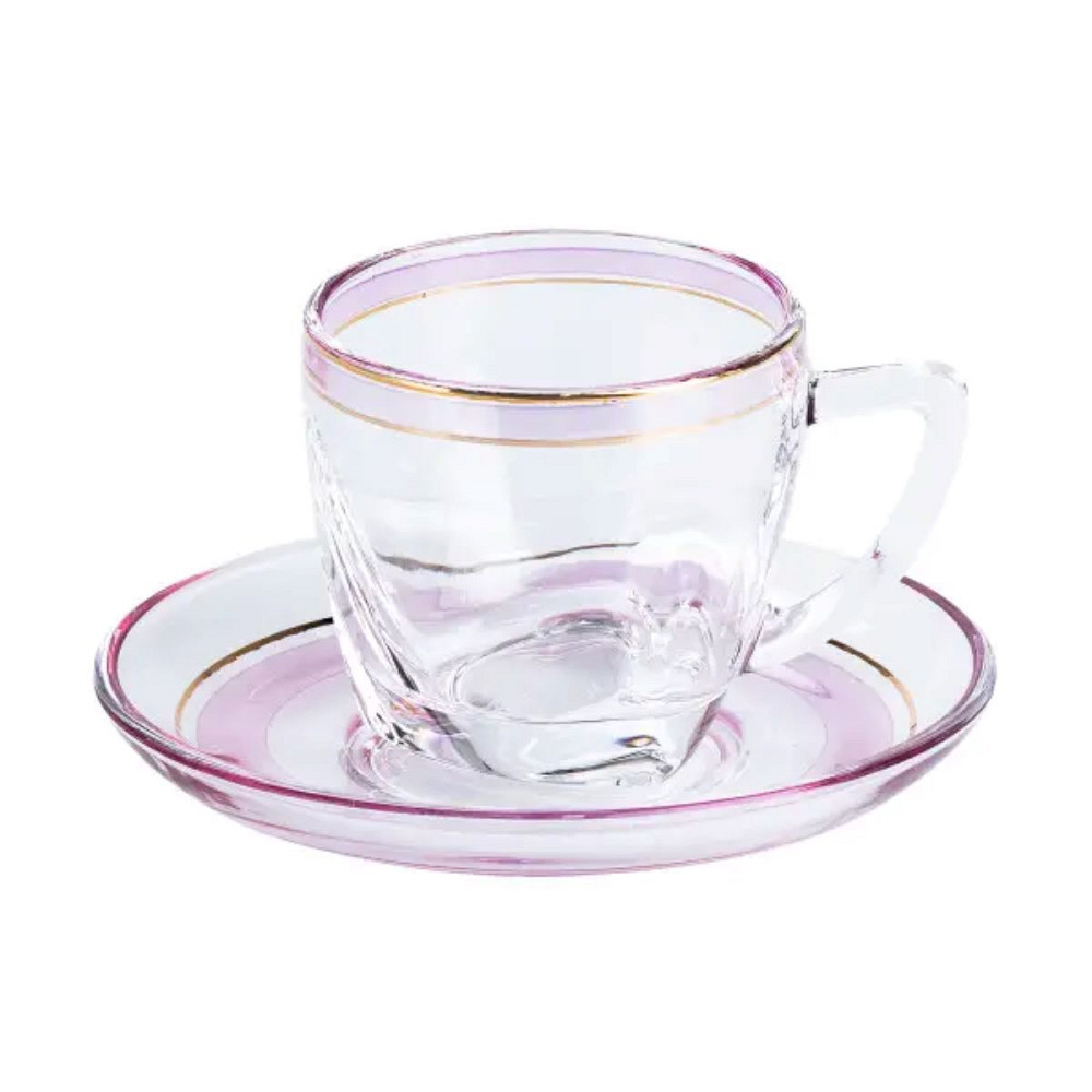 TS Kitchen Чашки зі блюдцем скляні прозорі набір на 6 осіб Розовий Киев - изображение 2