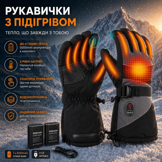 Перчатки с подогревом Jkewou 5000 mAh М: Термоперчатки сенсорные для рыбалки, лыж и мотоспорта, 3 режима, до 7 часов тепла Киев