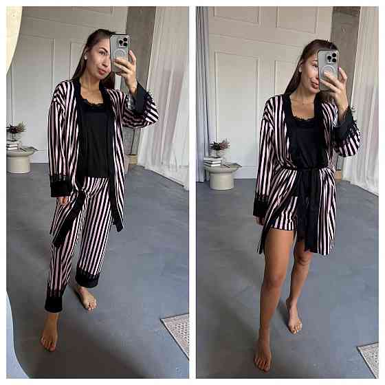 Женский домашний комплект четверка: брюки + майка + шорты + халат коттон Розовый, 50/52 Одесса