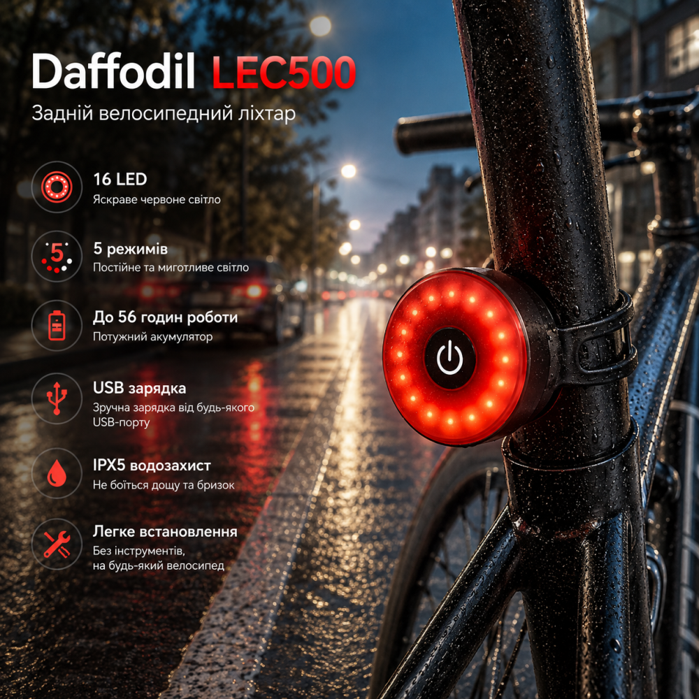 Задний велосипедный фонарь Daffodil LEC500, 16 LED, 5 режимов, USB-аккумулятор, IPX5, до 56 часов Киев - изображение 1