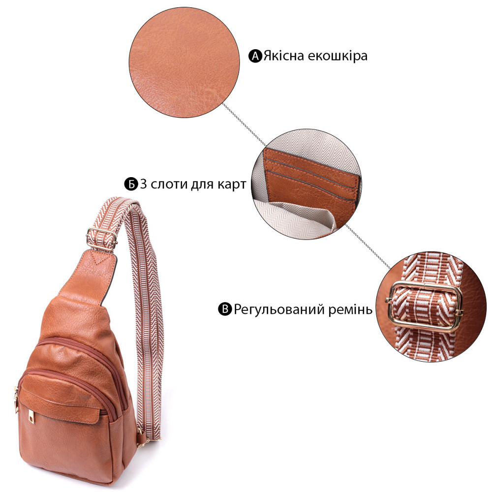 Практична жіноча сумка через плече з отвором для навушників з екошкіри Vintage 22789 Рудий Київ - фото 4