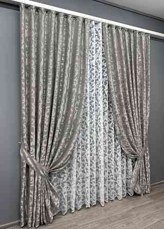 Комплект штор VR-Textil Жакард Вензель 150х270 2шт і Тюль 600х270 293ш-1147т Сірий з білим 71-098/5 Київ
