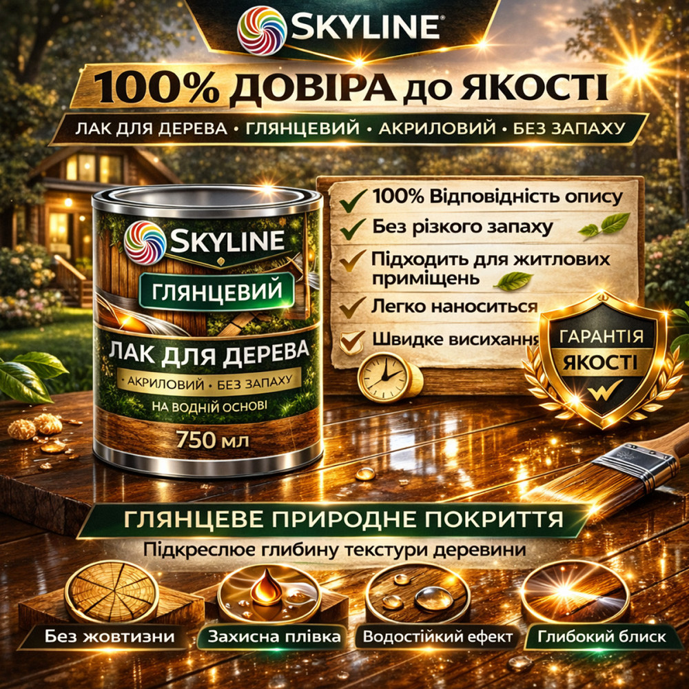 Лак для дерева Skyline глянцевий акриловий прозорий без запаху для внутрішніх та зовнішніх робіт 750 мл Харків - фото 9