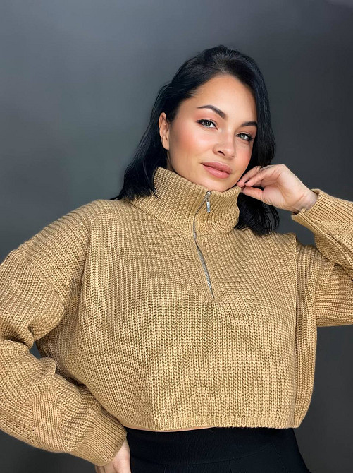 Свитер женский 6752 короткий широкий оверсайз молния на воротнике, карамель, one size Киев - изображение 13