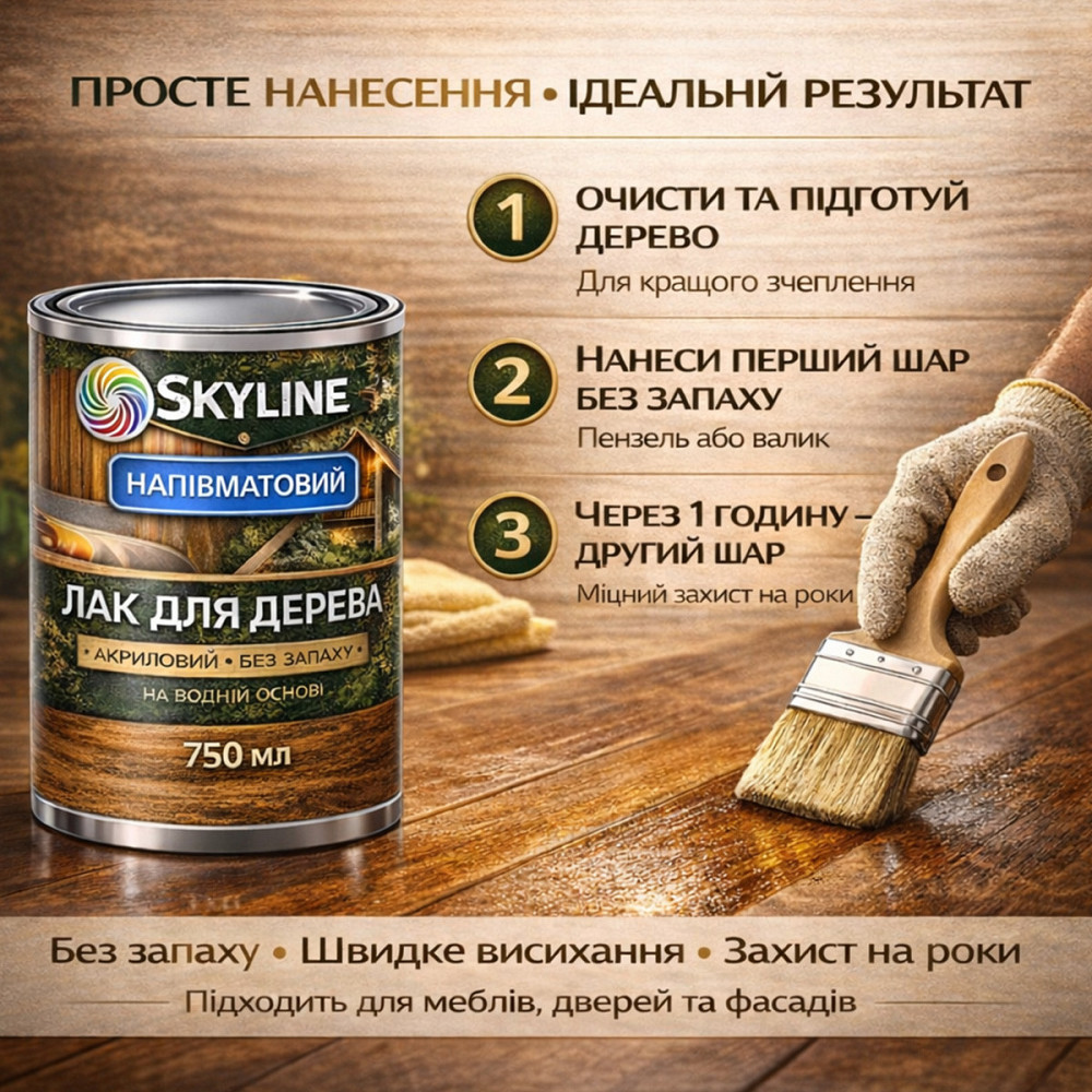 Лак для дерева Skyline напівматовий акриловий прозорий без запаху для внутрішніх та зовнішніх робіт 750 мл Харків - фото 7