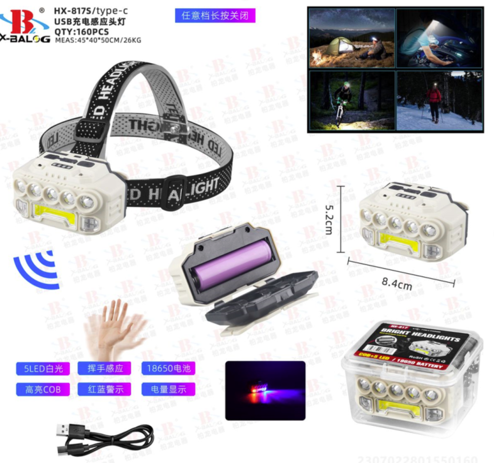 Налобний фонар HX-817S-COB, Білий, Червоний, Синій, Датчик руху, Водонепроникний, 1x18650, ЗУ Type-C Дніпро - фото 1