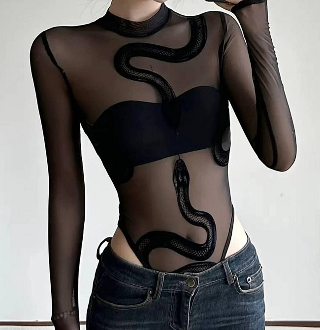 Жіночий стильний напівпрозорий боді з малюнком змії стрейч сітка Одеса - фото 1
