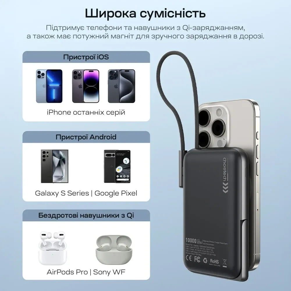Повербанк 10000mAh Choetech B735 Black QC3.0 PD3.0 бездротова магнітна зарядка, вбудований кабель, підставка (43-00149) Київ - фото 14