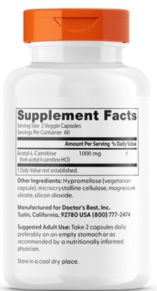 Ацетил карнітин Doctor's Best Acetyl-L-Carnitin 1000 мг 120 капс (500 мг в 1 капсулі) Київ - фото 2