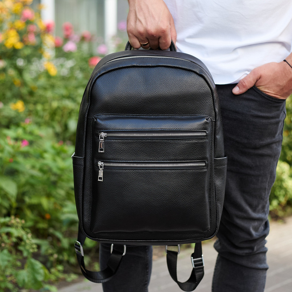 Міський чоловічий рюкзак із натуральної шкіри 41х30х17, наплічна сумка для ноутбука та документів, чорний Кам'янське - фото 4